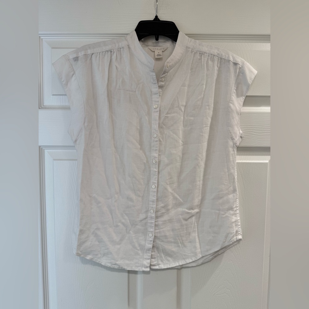 Caslon Size XS White Easy Cap Sleeve Linen Blend Button-Up Shirt